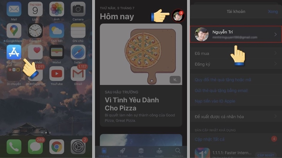 Bước 1: Vào App Store trên iPhone => chọn biểu tượng tài khoản trên góc phải màn hình => tên tài khoản.